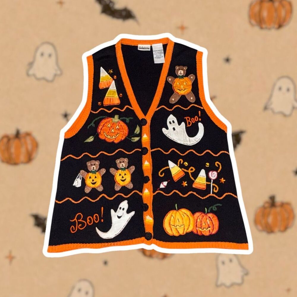 Basic Editions Halloween Knit Sweater Vest Pumpkin Ghost Bear Vintage 90s Medium